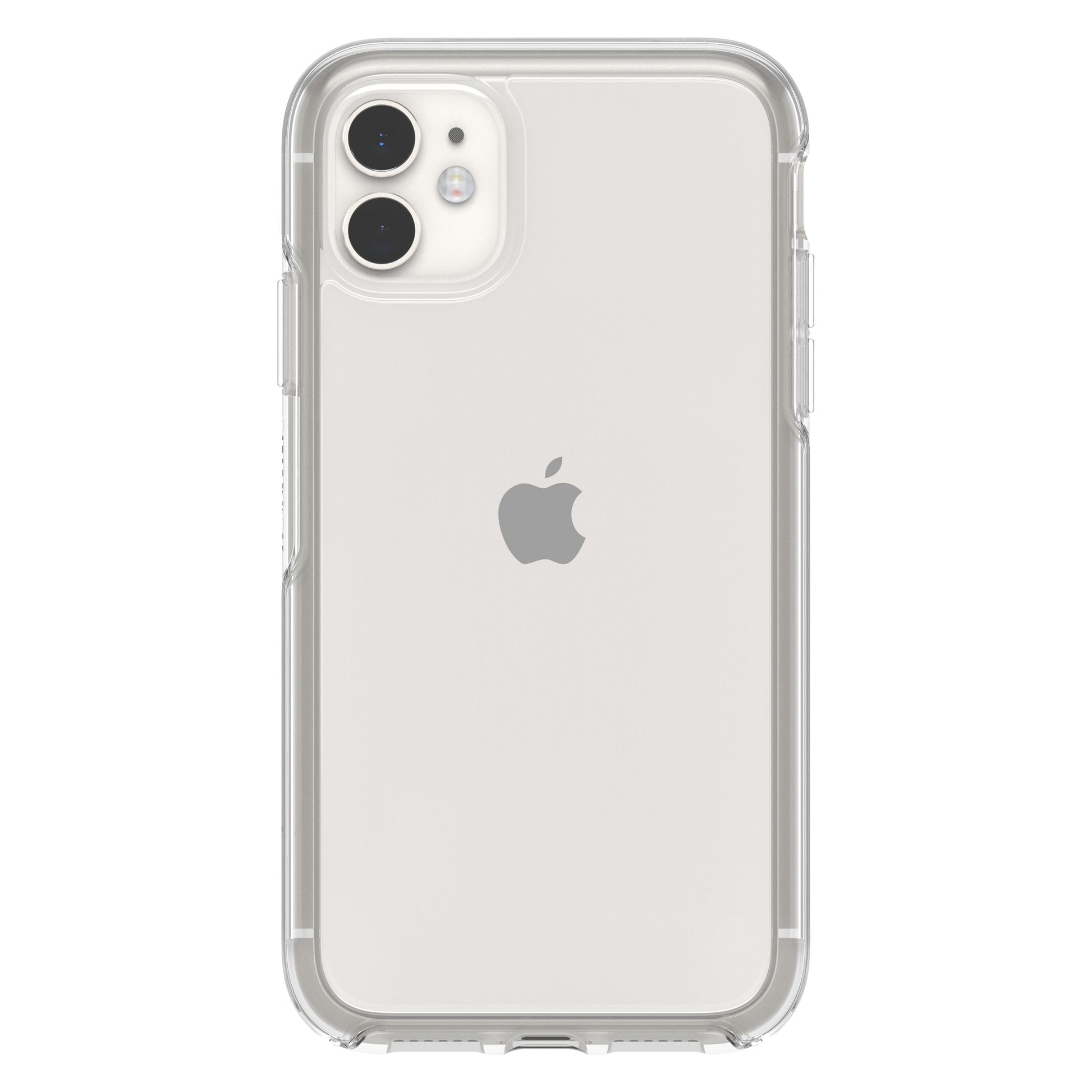 Otterbox Symmetry Holdbart klart cover til iPhone 11 med synligt Apple-logo og dobbelt kamera gennem gennemsigtig bagside.