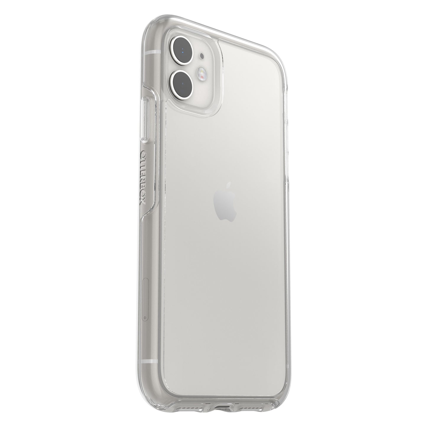Symmetry mobilcover til iPhone 11, klar, gennemsigtig ryg med synligt Apple-logo og dobbelt kameraudskæring.