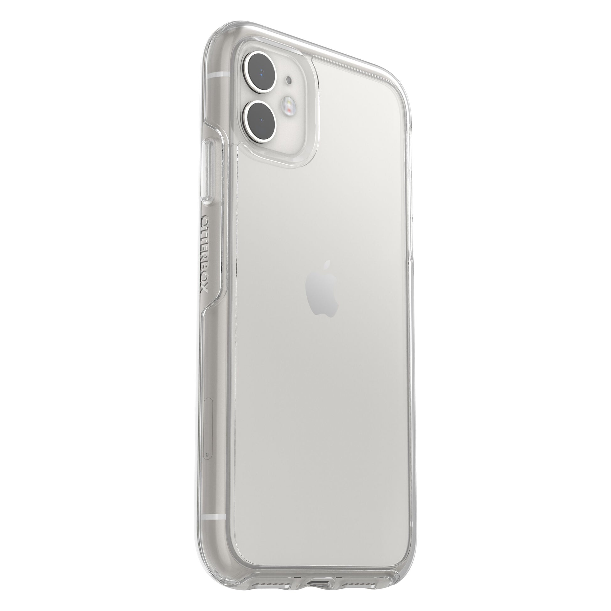 Symmetry mobilcover til iPhone 11, klar, gennemsigtig ryg med synligt Apple-logo og dobbelt kameraudskæring.