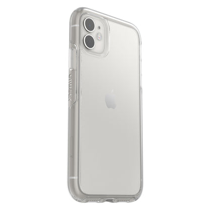 Symmetry mobilcover til iPhone 11, klar, gennemsigtig ryg med synligt Apple-logo og dobbelt kameraudskæring.