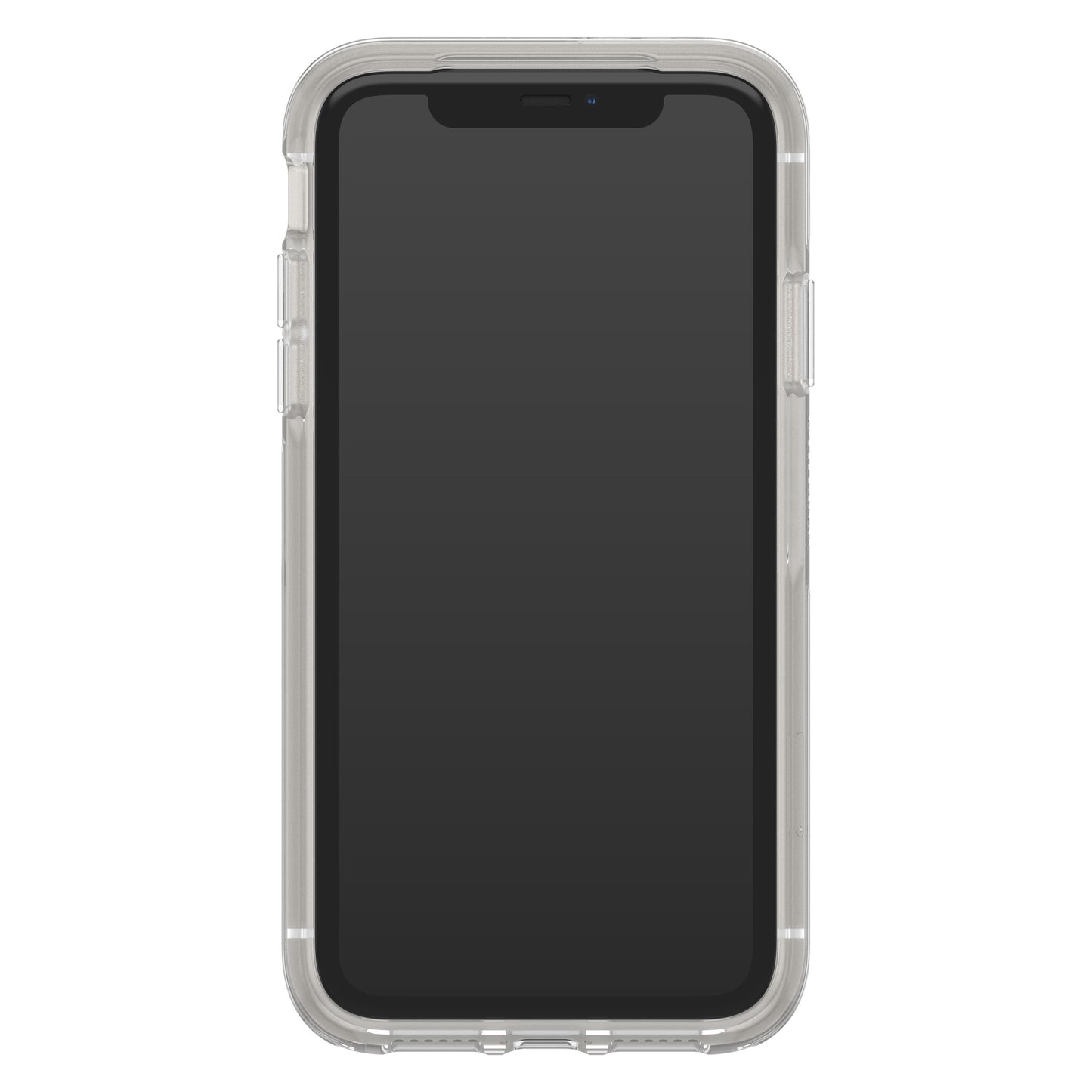 IPhone 11 med sort skærm i Otterbox Symmetry Holdbart mobilcover Klar, gennemsigtigt cover, frontvendt.
