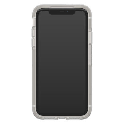 IPhone 11 med sort skærm i Otterbox Symmetry Holdbart mobilcover Klar, gennemsigtigt cover, frontvendt.