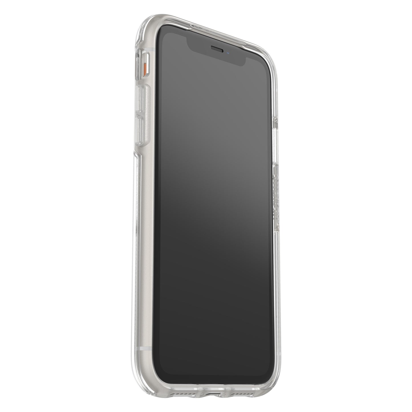 IPhone 11 med sort skærm i Symmetry Holdbart mobilcover, klar gennemsigtig beskyttelse, set fra vinkel.