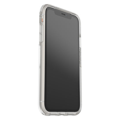 IPhone 11 med sort skærm i Symmetry Holdbart mobilcover, klar gennemsigtig beskyttelse, set fra vinkel.