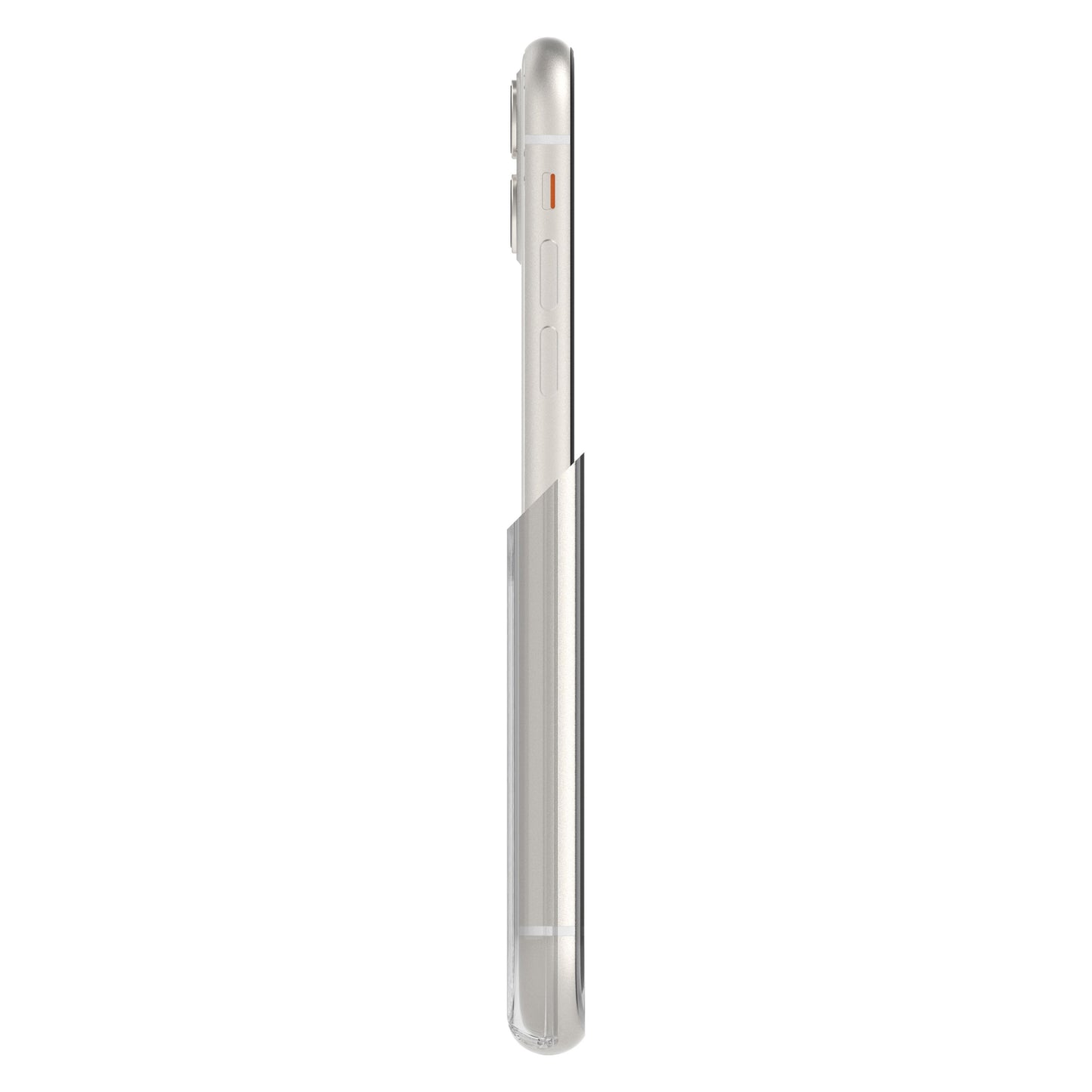 Otterbox Symmetry mobilcover til iPhone 11, gennemsigtigt, delvis visning af sølv iPhone 11 fra siden.