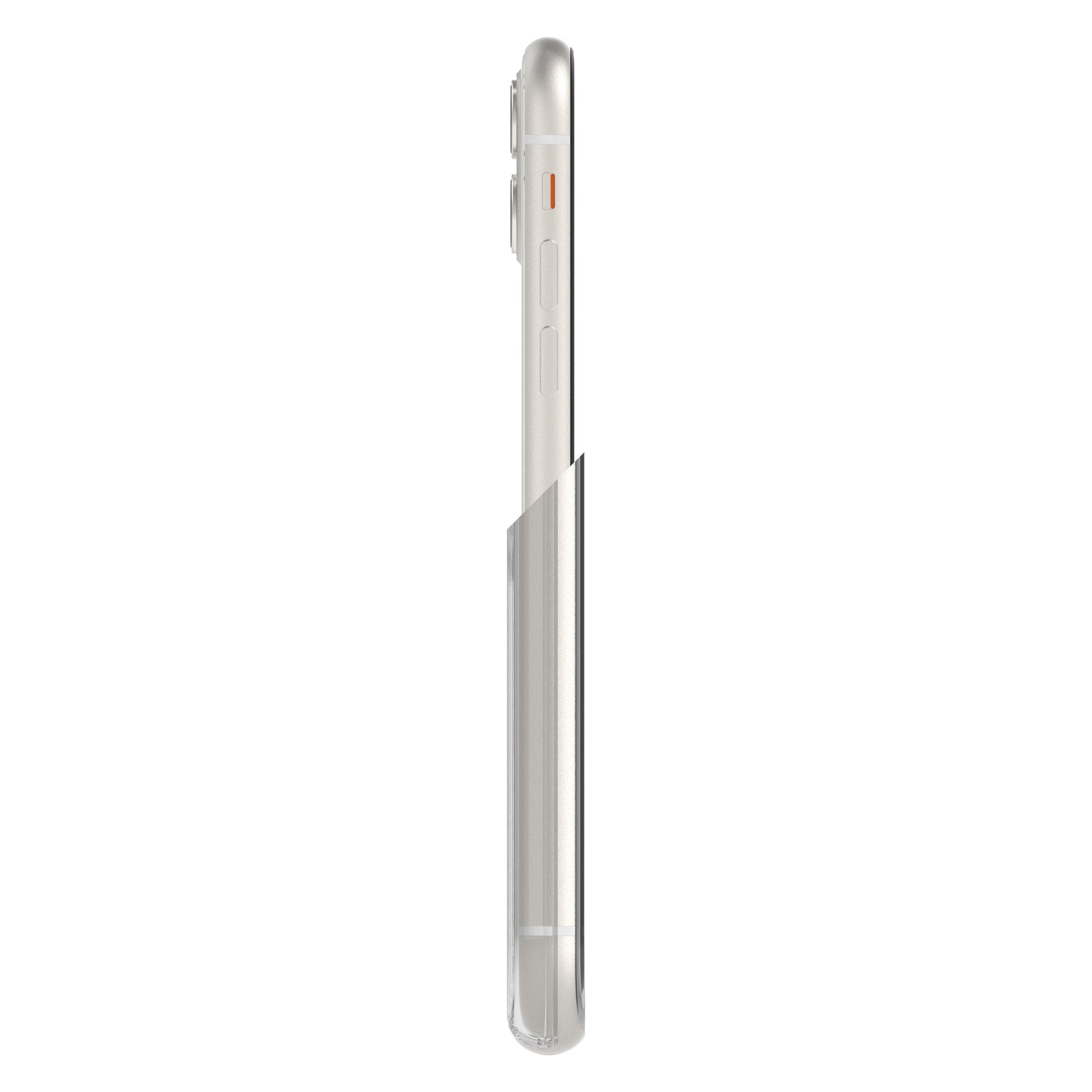 Otterbox Symmetry mobilcover til iPhone 11, gennemsigtigt, delvis visning af sølv iPhone 11 fra siden.