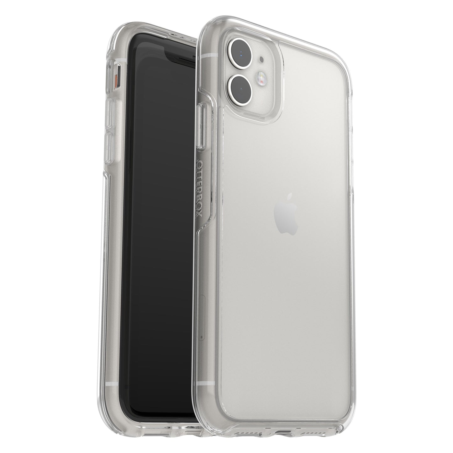 Symmetry holdbart gennemsigtigt mobilcover til iPhone 11, vises på sort og hvid enhed, robuste kanter, for- og bagside.