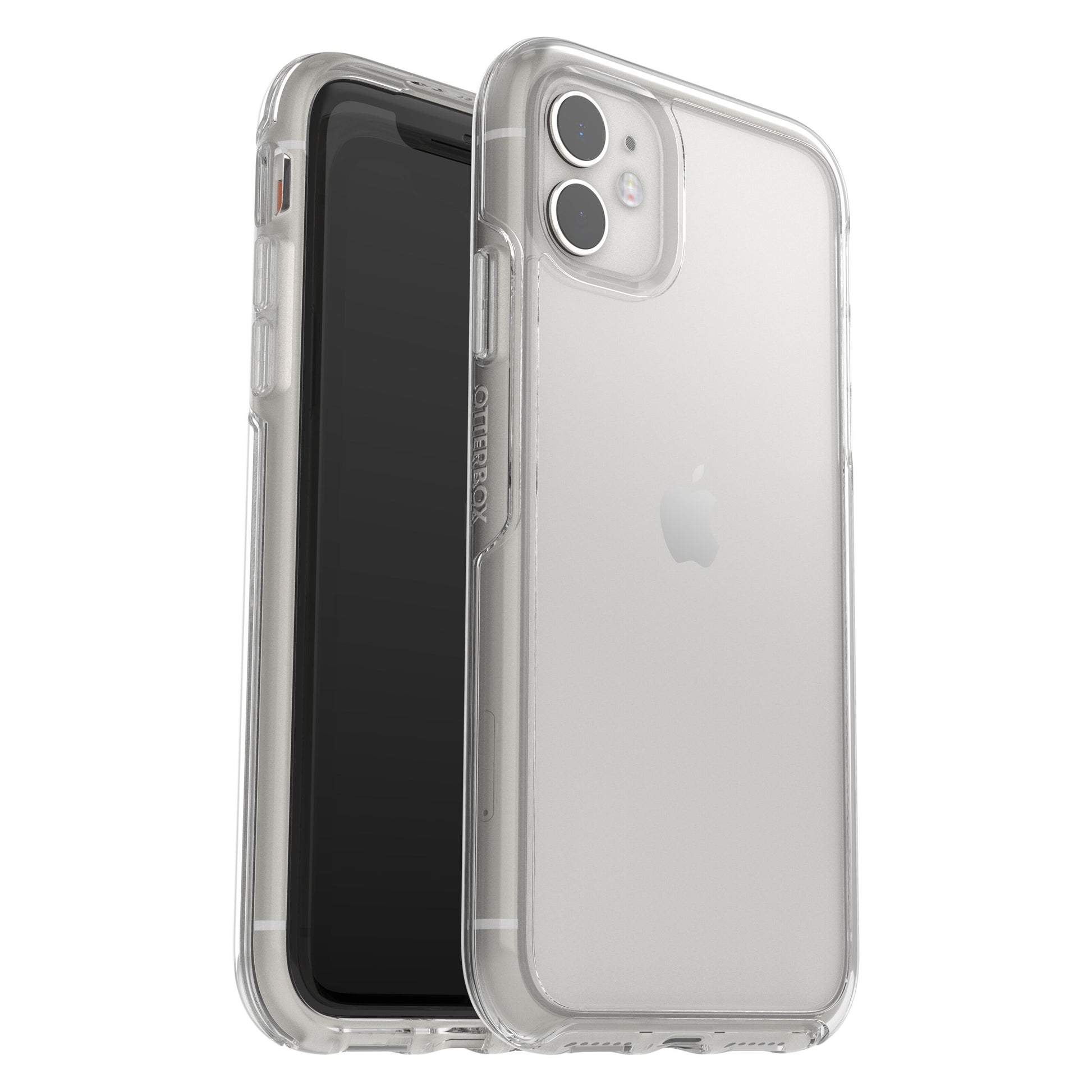 Symmetry holdbart gennemsigtigt mobilcover til iPhone 11, vises på sort og hvid enhed, robuste kanter, for- og bagside.