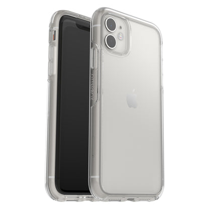 Symmetry holdbart gennemsigtigt mobilcover til iPhone 11, vises på sort og hvid enhed, robuste kanter, for- og bagside.