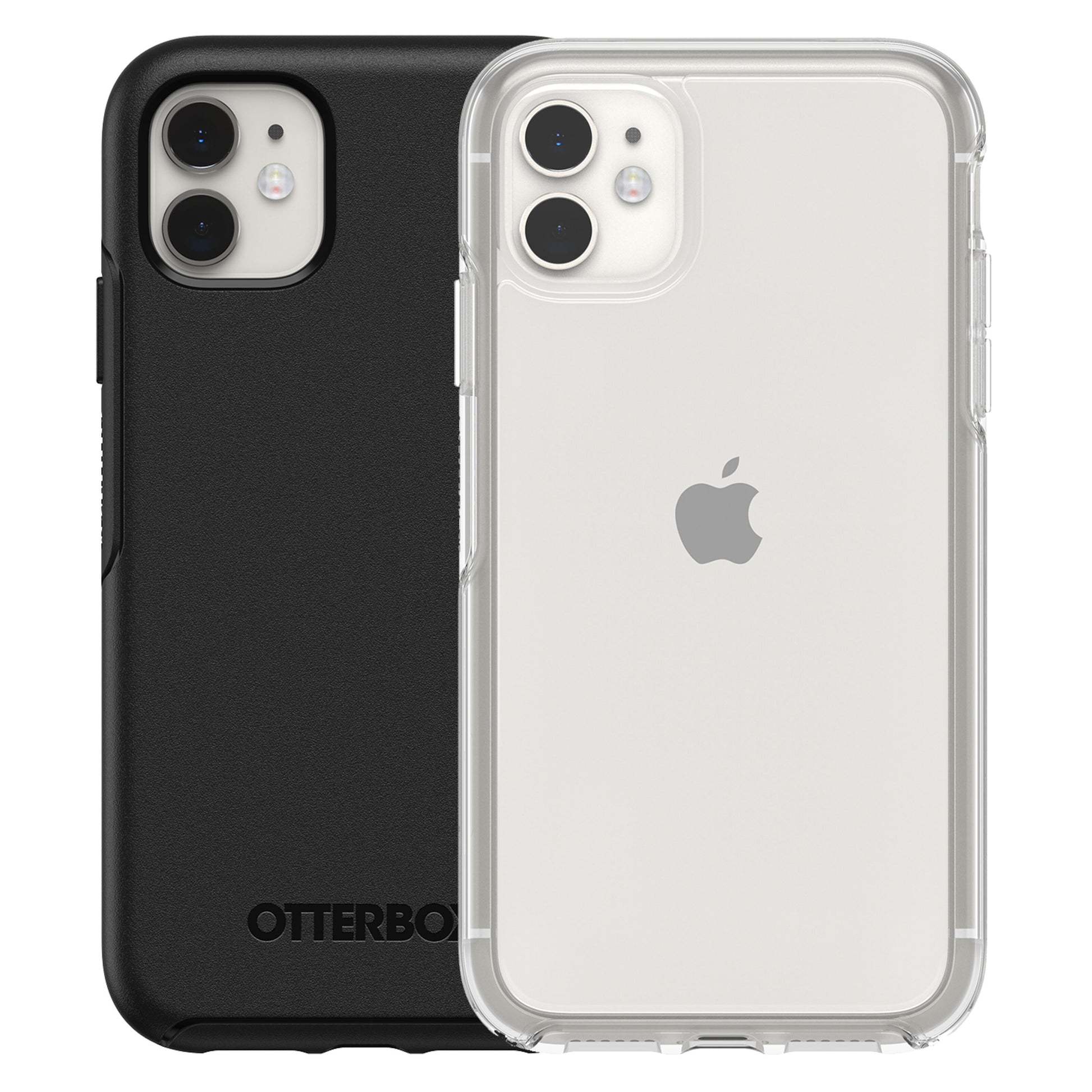 IPhone 11 i sort og gennemsigtigt Symmetry Robustt cover, synligt Apple-logo og dobbelte bagkameraer.