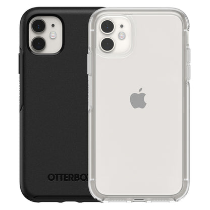 IPhone med sort Otterbox-cover og iPhone 11 med klart Symmetry Holdbart-cover, begge med Apple-logo og to bagkameraer.