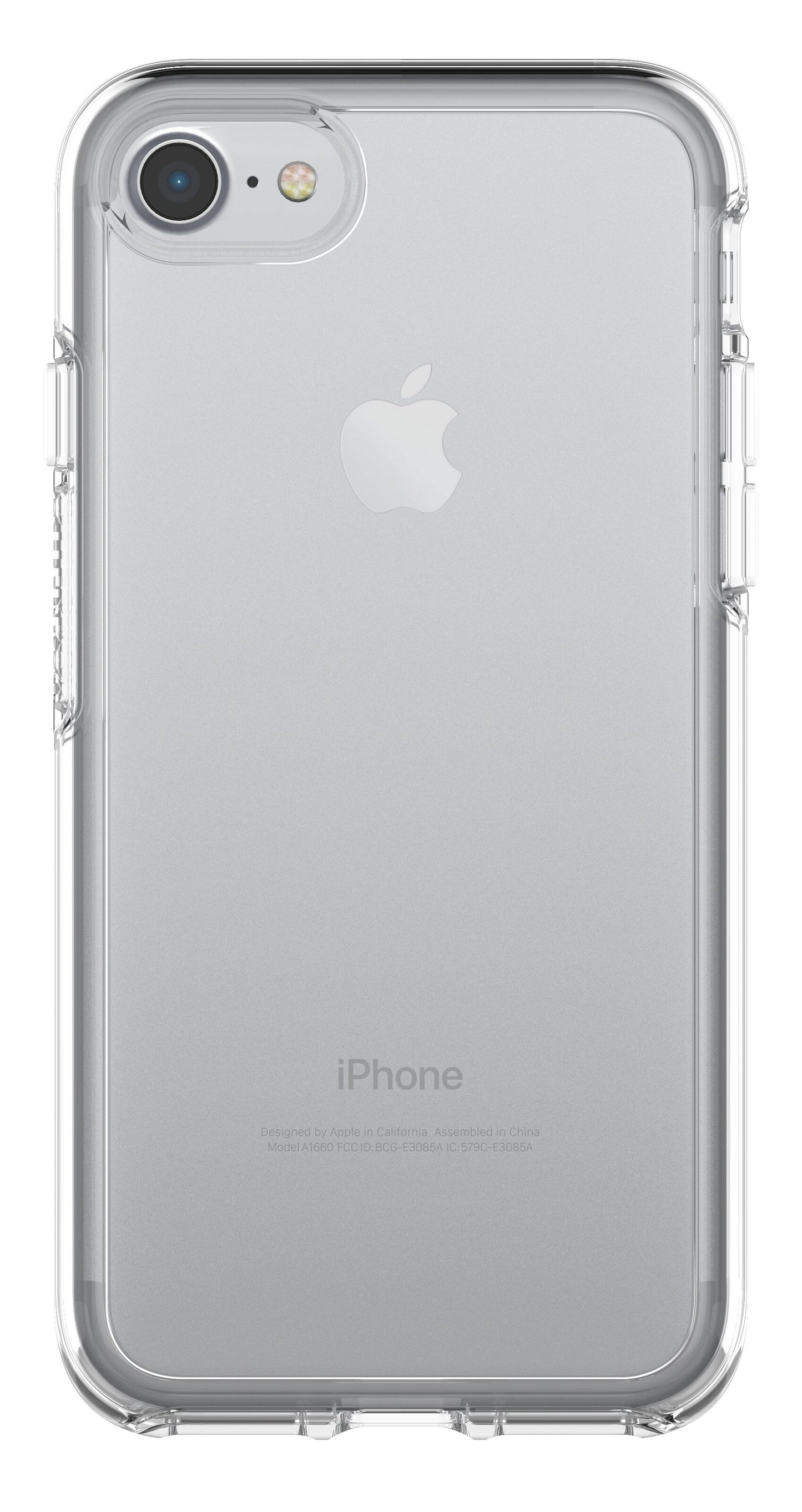 IPhone 6/6s/7/8/SE sølv i transparent Otterbox Symmetry Robustt etui Klar med synligt Apple-logo og kamera.