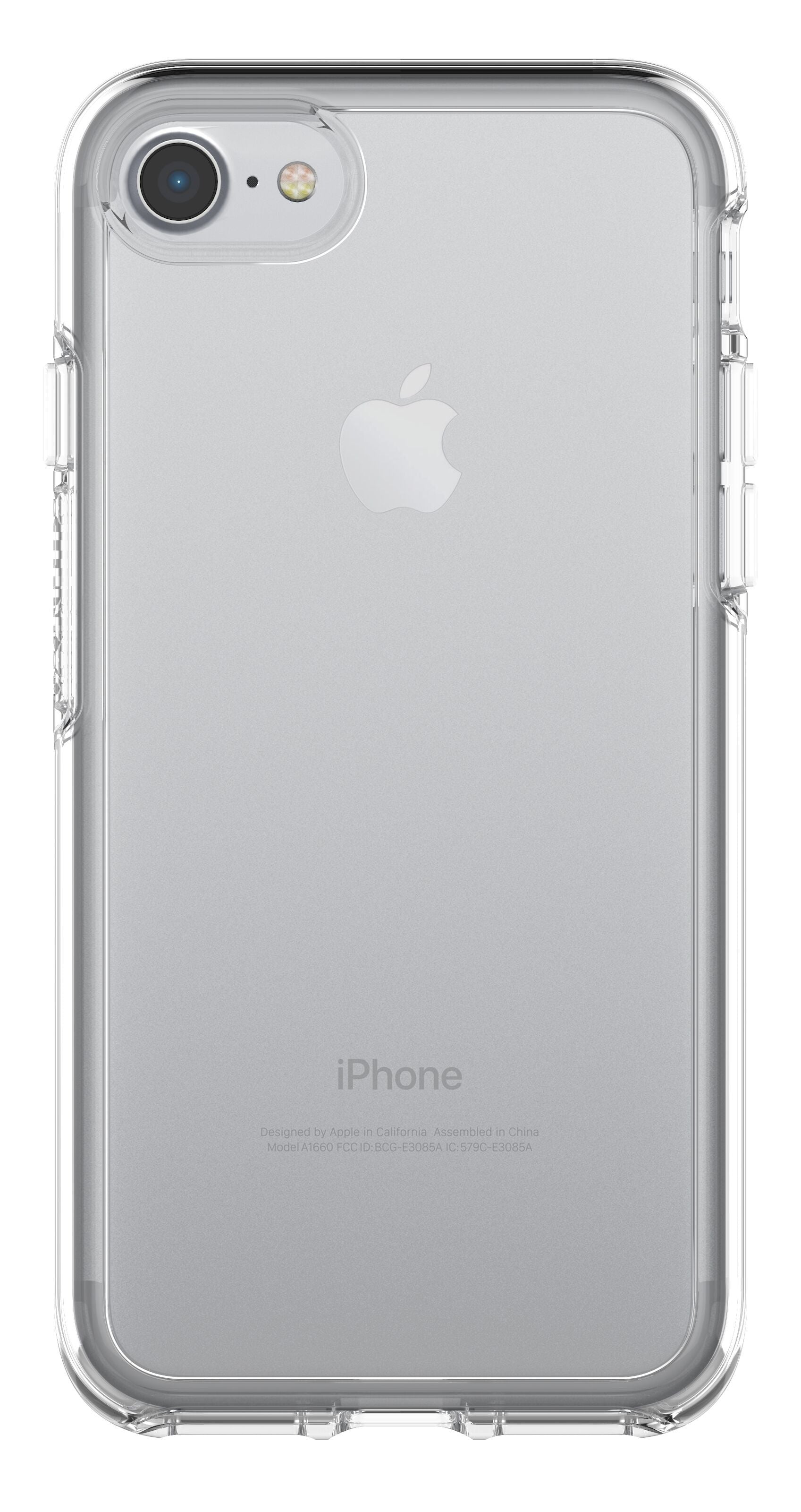 IPhone 6/6s/7/8/SE sølv i transparent Otterbox Symmetry Robustt etui Klar med synligt Apple-logo og kamera.