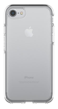 IPhone 6/6s/7/8/SE sølv i transparent Otterbox Symmetry Robustt etui Klar med synligt Apple-logo og kamera.