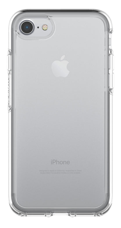 IPhone 6/6s/7/8/SE sølv i transparent Otterbox Symmetry Robustt etui Klar med synligt Apple-logo og kamera.