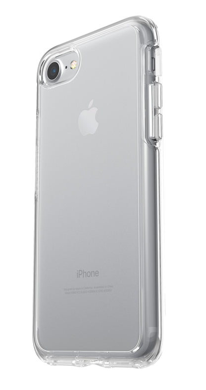 Otterbox Symmetry klar stødabsorberende cover på sølv iPhone 6, 6s, 7, 8, SE med synligt Apple-logo og kamera.
