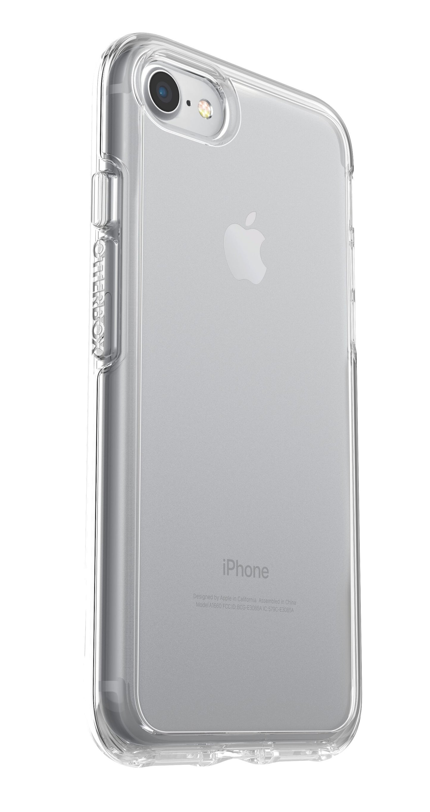 Transparent Otterbox Symmetry Robustt etui til iPhone 6/6s/7/8/SE, synligt Apple-logo og Otterbox-logo på siden.