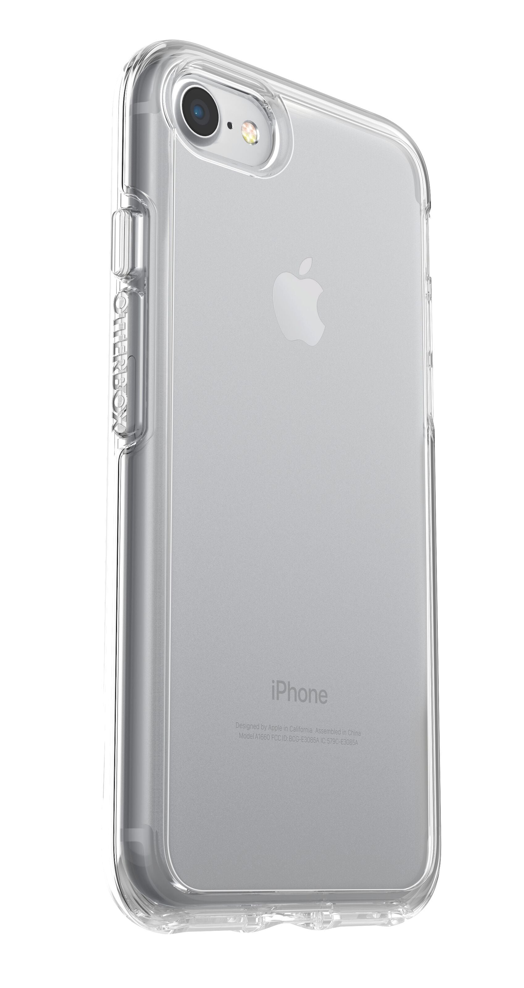 Transparent Otterbox Symmetry Robustt etui til iPhone 6/6s/7/8/SE, synligt Apple-logo og Otterbox-logo på siden.