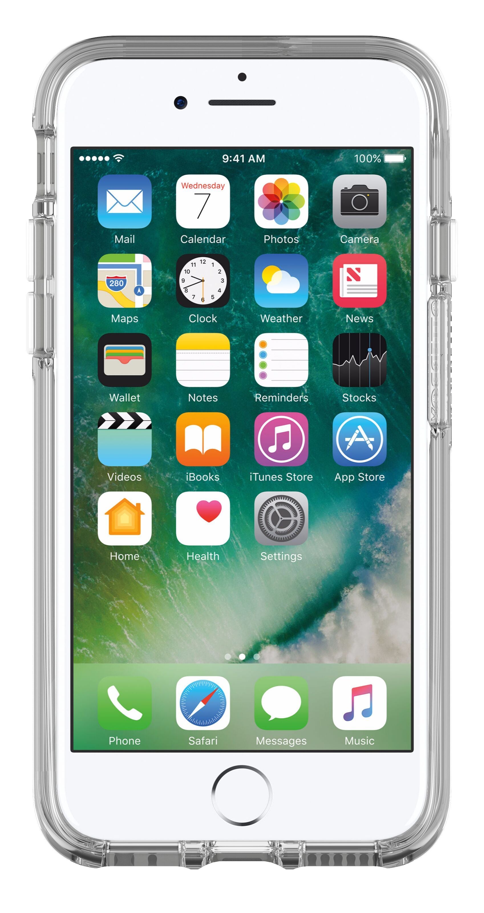 IPhone med Otterbox Symmetry Robustt etui til iPhone 6, 6s, 7, 8, SE Klar viser hjemskærm med appikoner.