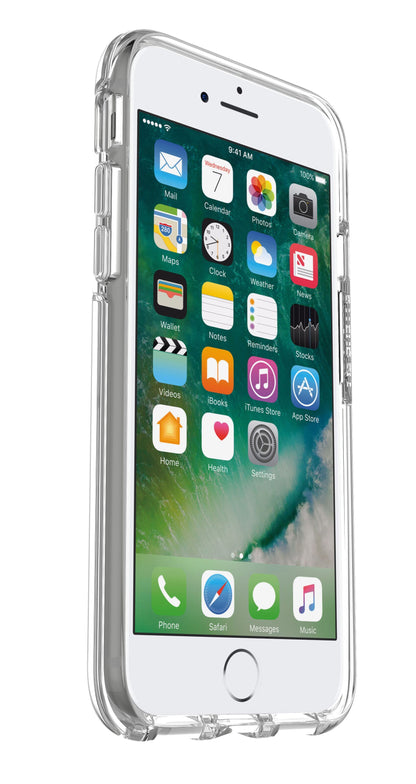 IPhone med Otterbox Symmetry Robustt etui til iPhone 6/6s/7/8/SE Klar, viste apps på skråt set skærm.