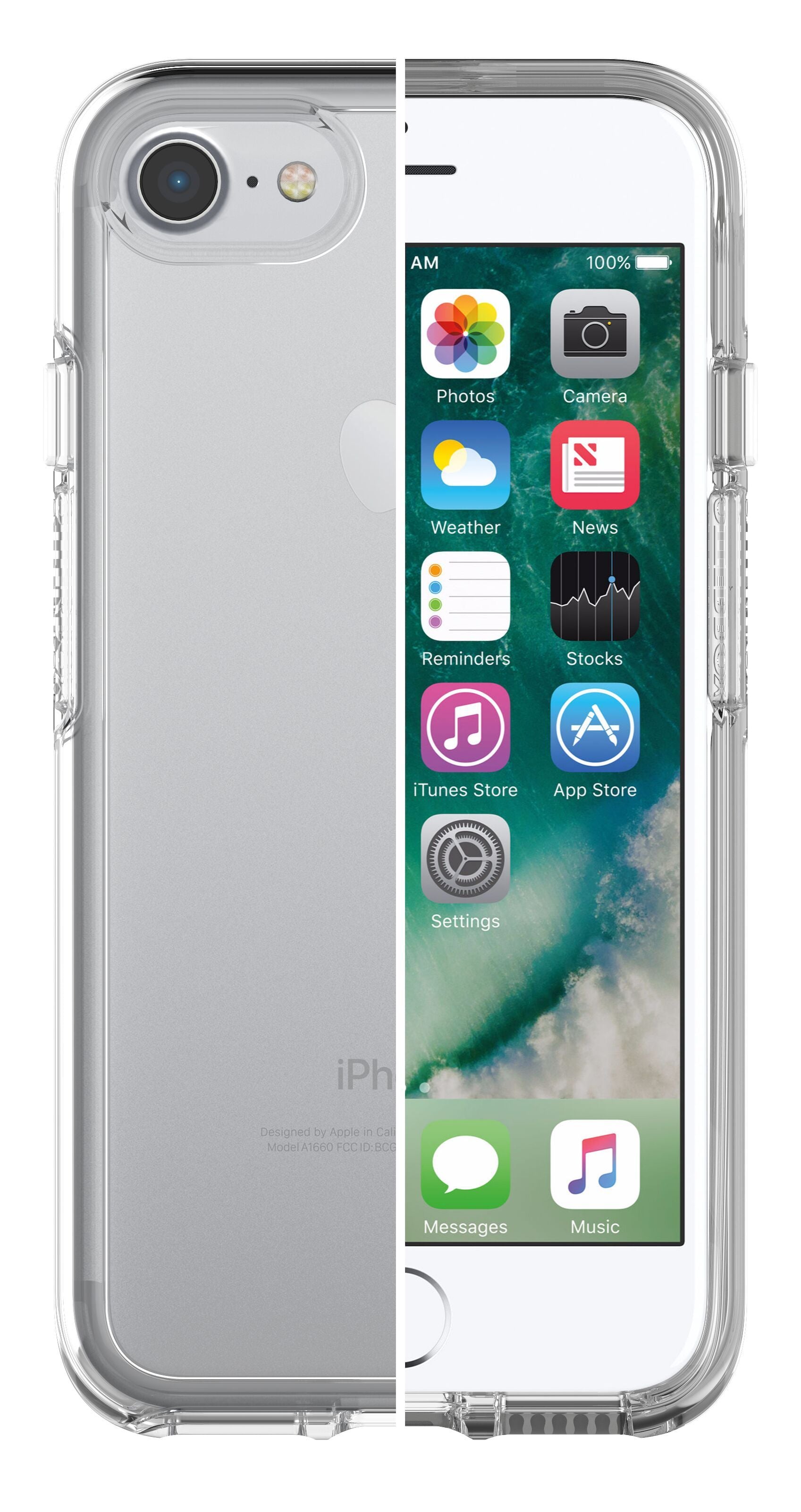 Otterbox Symmetry Robustt etui til iPhone 6/6s/7/8/SE Klar gennemsigtig stødabsorberende cover med synligt Apple logo og kamera.
