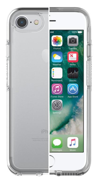 Otterbox Symmetry Robustt etui til iPhone 6/6s/7/8/SE Klar gennemsigtig stødabsorberende cover med synligt Apple logo og kamera.