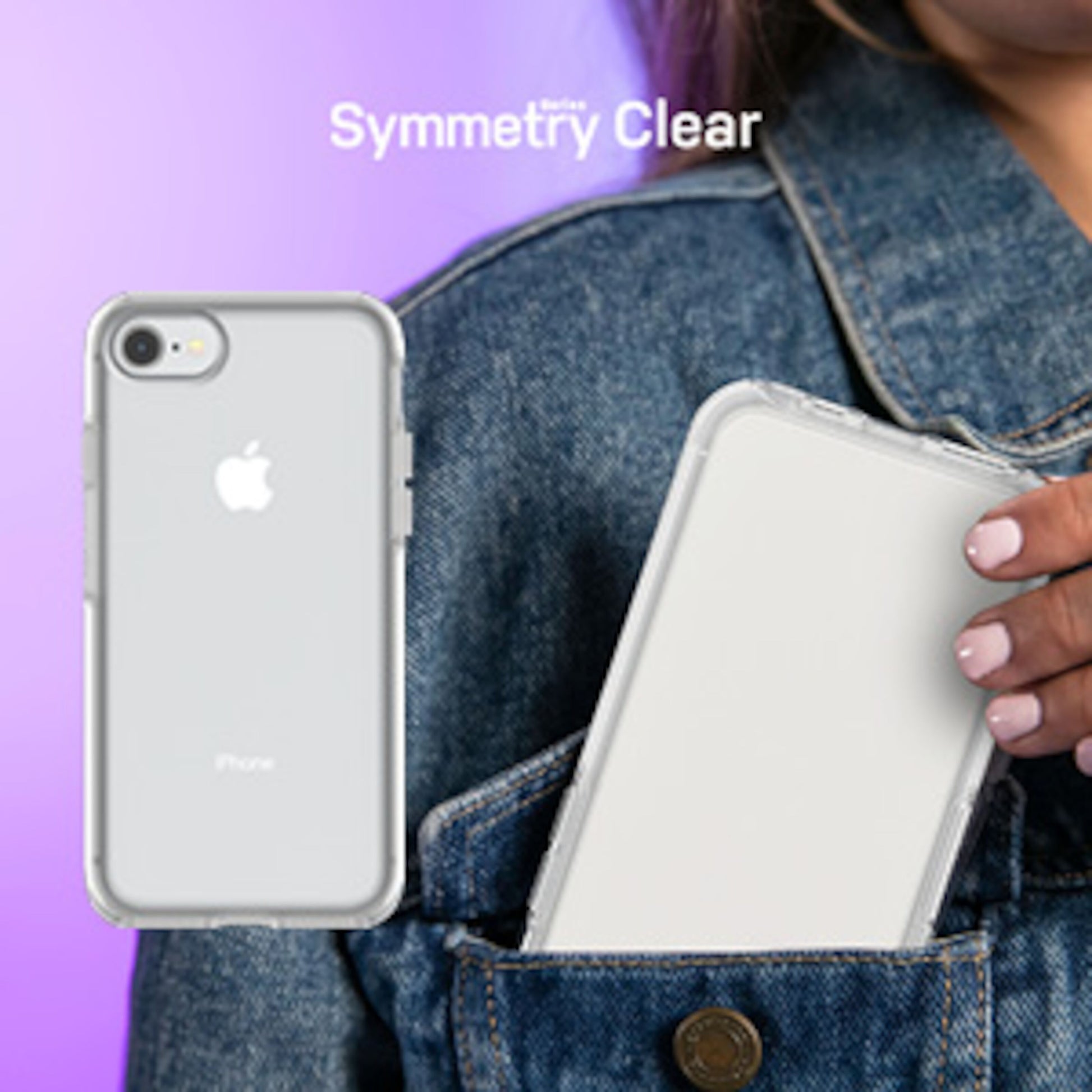 Otterbox Symmetry Robustt klar etui til iPhone 6, 6s, 7, 8, SE vises ved lomme og ved siden af mobil med Symmetry Series Clear case.