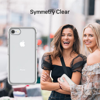 Otterbox Symmetry Clear etui til iPhone 6/6s/7/8/SE, gennemsigtig, "Symmetry Clear" tekst synlig på stor iPhone.