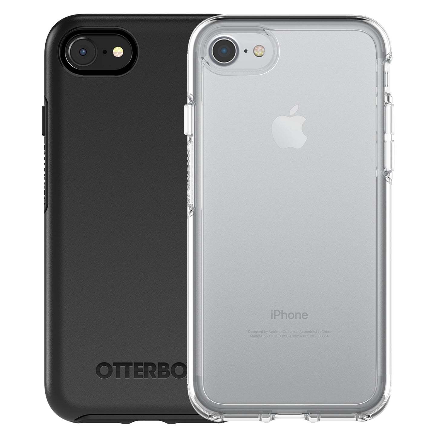 IPhone 6/6S/7/8/SE covers, én sort Robustt, én klar med synligt Apple-logo, begge i Symmetry-serien.