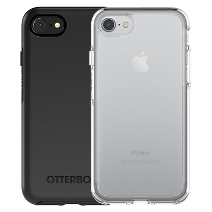 IPhone 6/6S/7/8/SE covers, én sort Robustt, én klar med synligt Apple-logo, begge i Symmetry-serien.