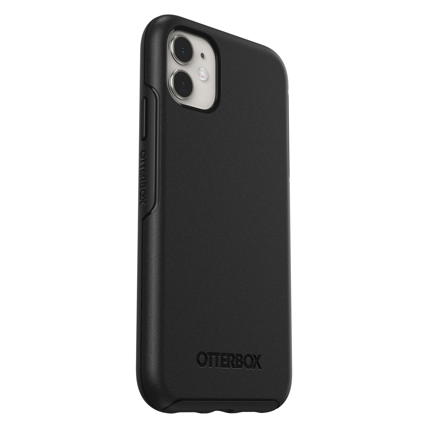 Sort Otterbox Symmetry cover til iPhone 11 med synlige kameraudskæringer, sideknapper og præget Otterbox-logo.