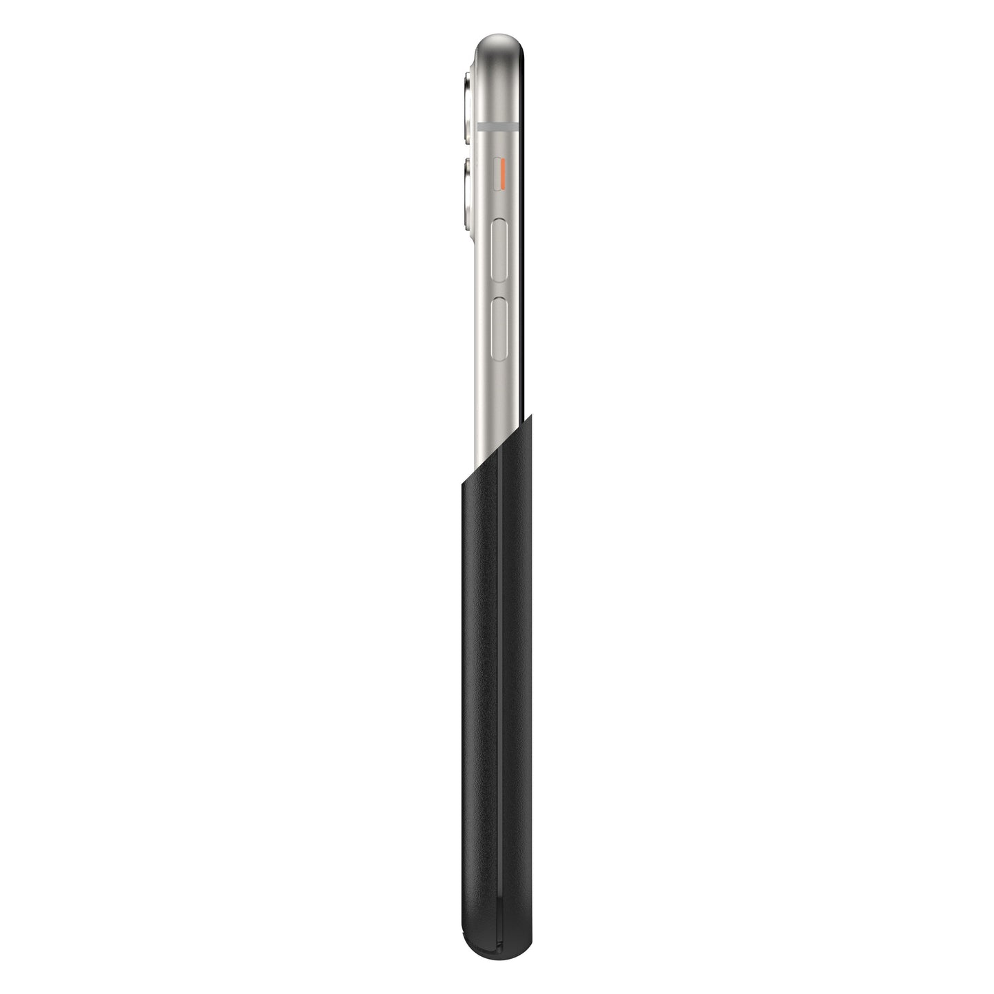 IPhone 11 fra siden delvist i sort Symmetry Robustt mobilcover, top synlig for adgang og beskyttelse.