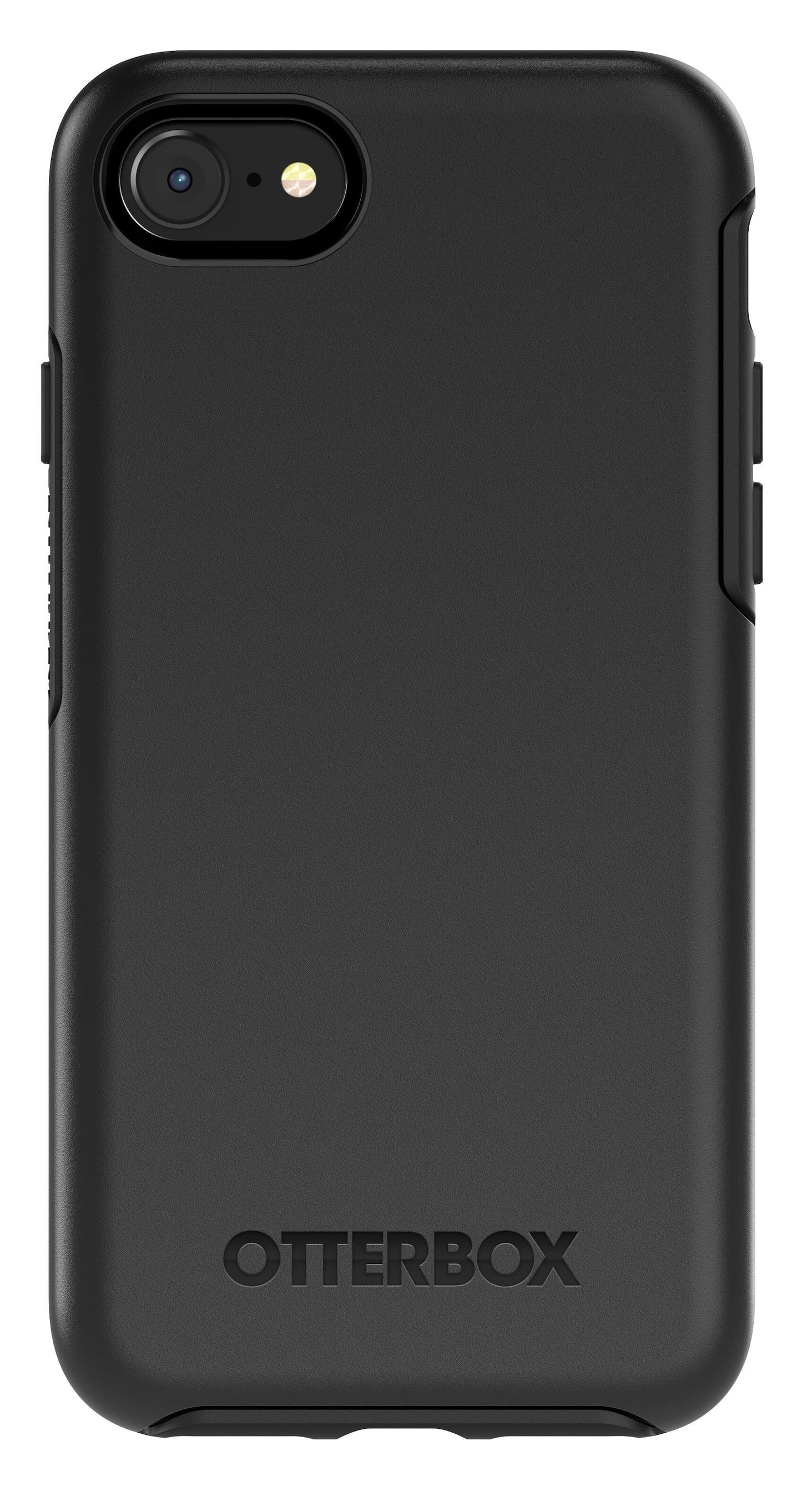 Otterbox Symmetry Robust cover til iPhone 6/6s/7/8/SE sort med synligt kamera, flash og Otterbox-logo nederst.