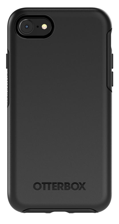Otterbox Symmetry Robust cover til iPhone 6/6s/7/8/SE sort med synligt kamera, flash og Otterbox-logo nederst.