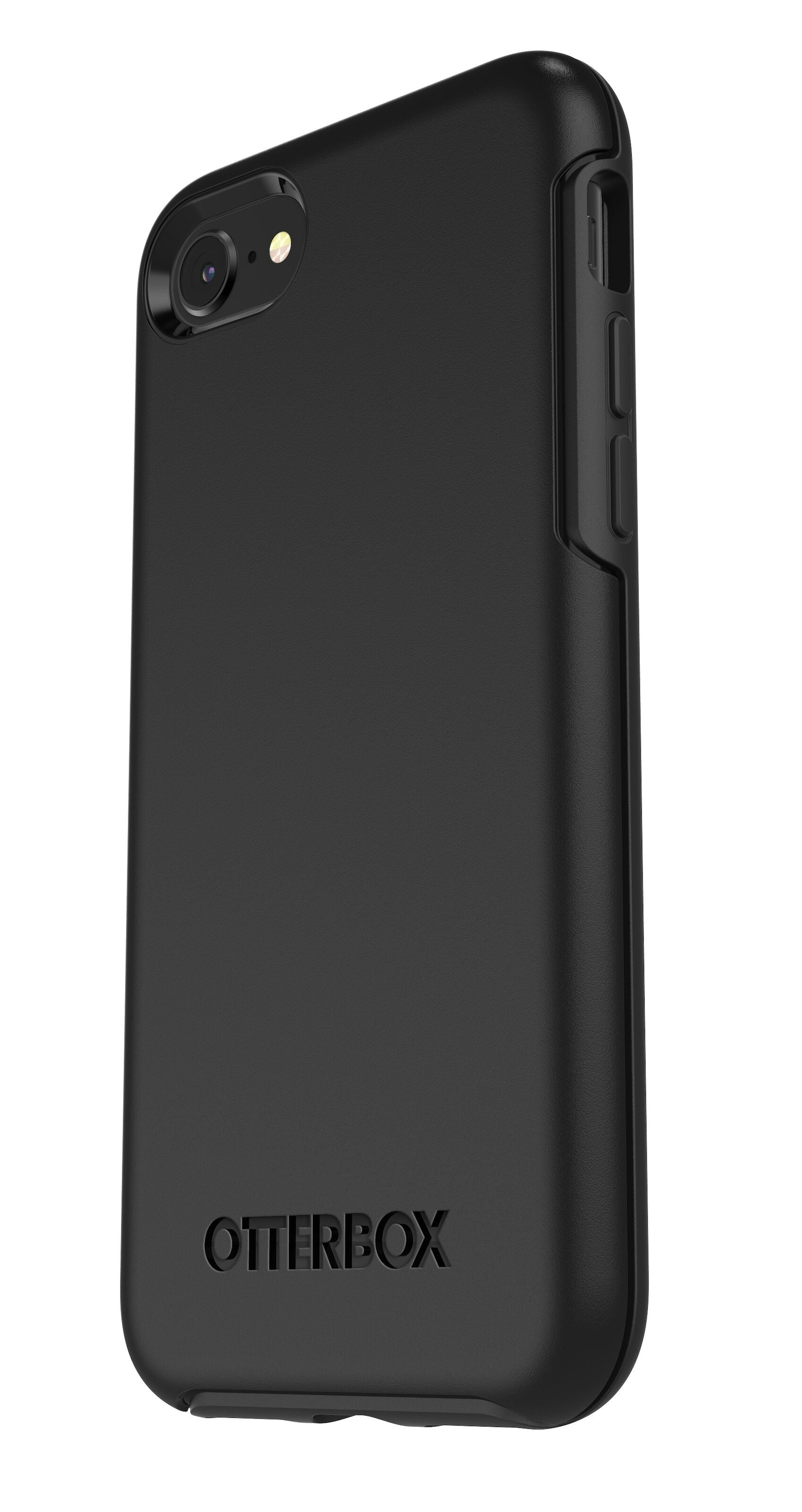 Otterbox Symmetry Robust cover til iPhone 6/6s/7/8/SE sort, bagside med kamera, blitz, sideknapper og logo synligt.