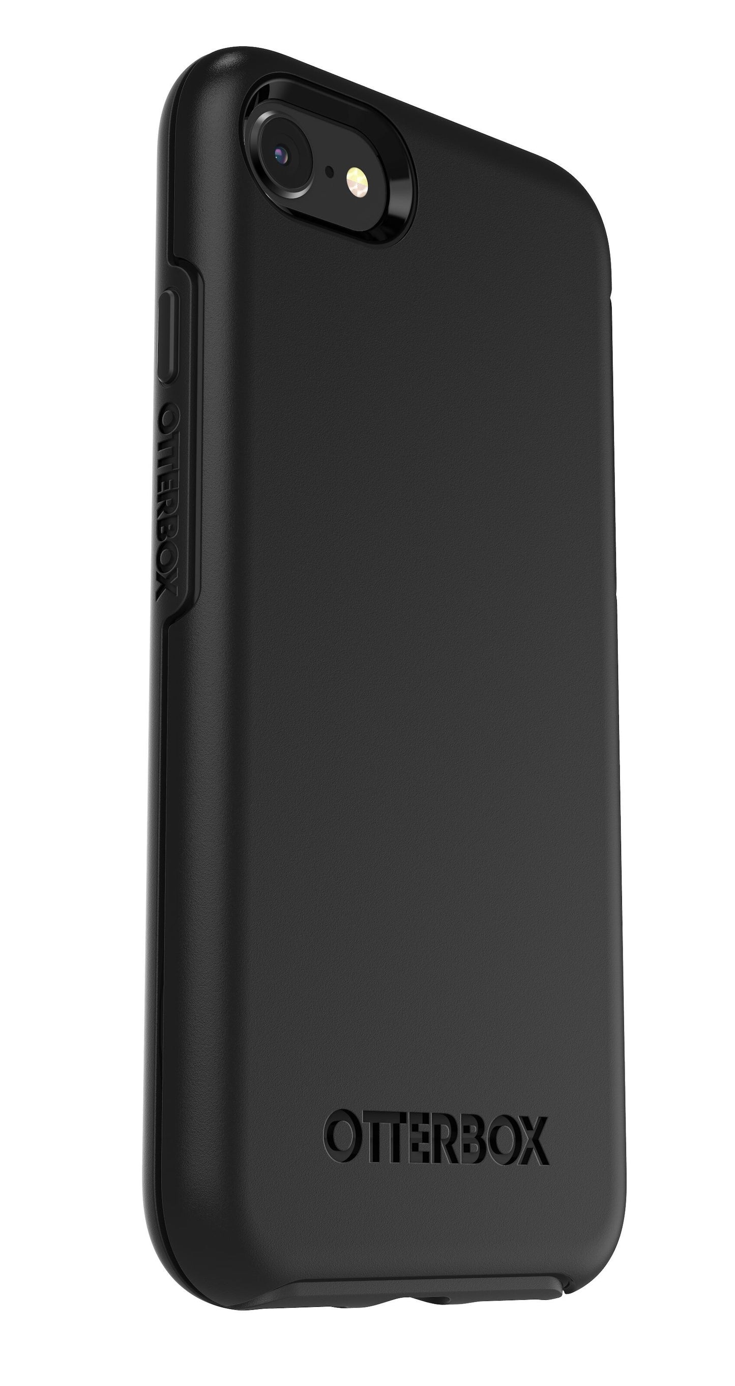 Sort Otterbox Symmetry Robust cover til iPhone 6/6s/7/8/SE med hævede kanter og Otterbox-logo på bagside og side.