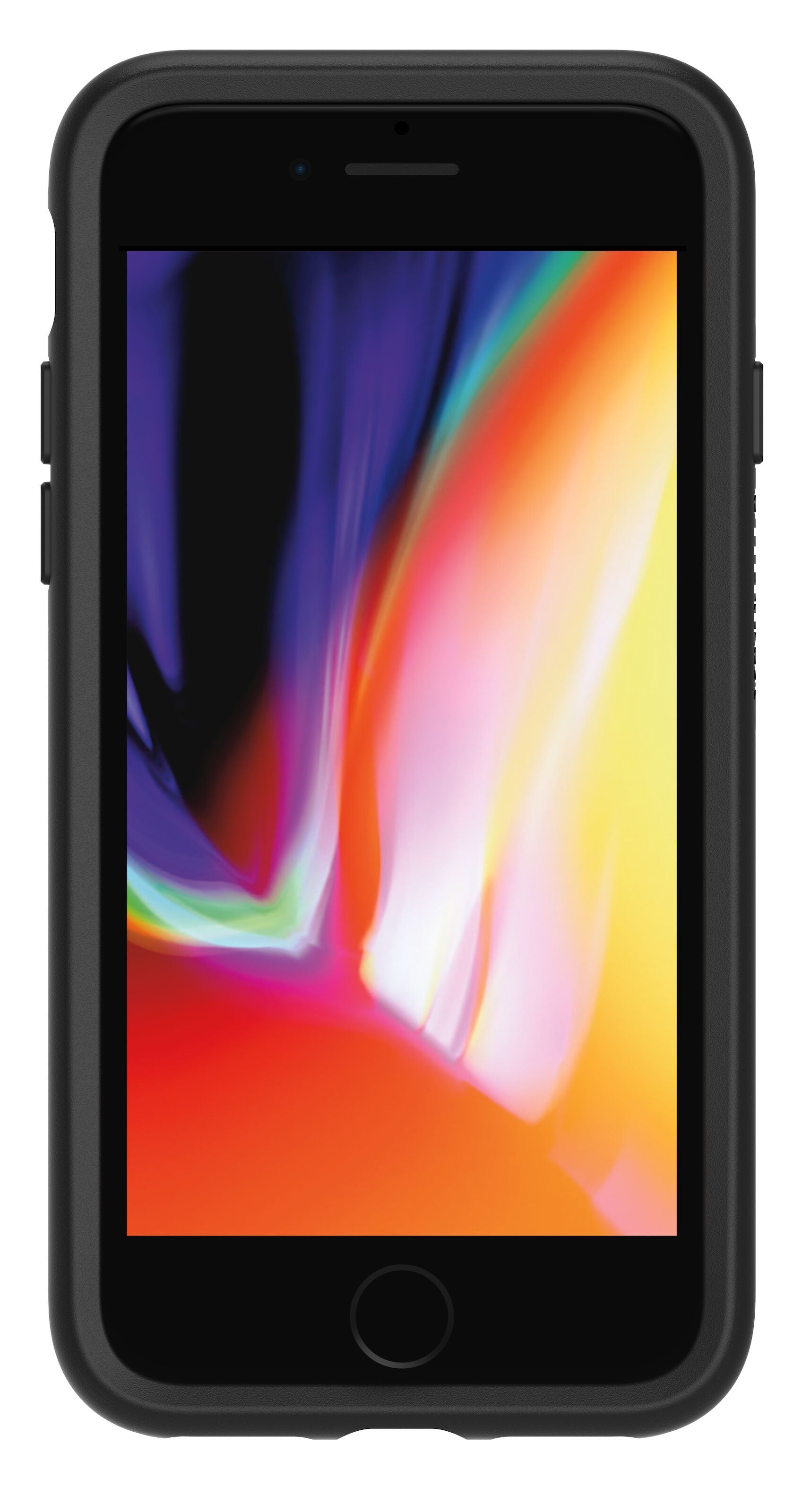 IPhone med Otterbox Symmetry Robust cover Sort, viser abstrakt tapet i rød, orange, gul, lilla og sort gradient.