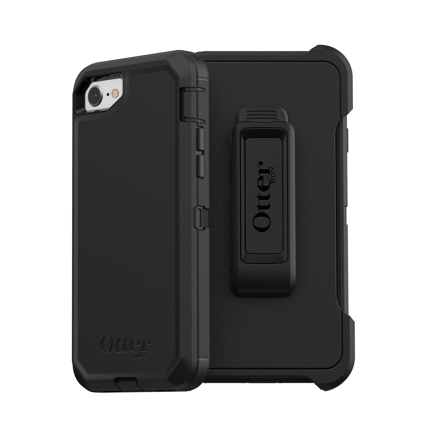 Sort Otterbox Defender cover til iPhone 6/6s/7/8/SE med logo og bælteclips, støvbeskyttelse og stødabsorbering.