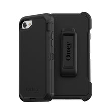 Sort Otterbox Defender cover til iPhone 6/6s/7/8/SE med logo og bælteclips, støvbeskyttelse og stødabsorbering.