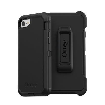 Sort Otterbox Defender cover til iPhone 6/6s/7/8/SE med logo og bælteclips, støvbeskyttelse og stødabsorbering.