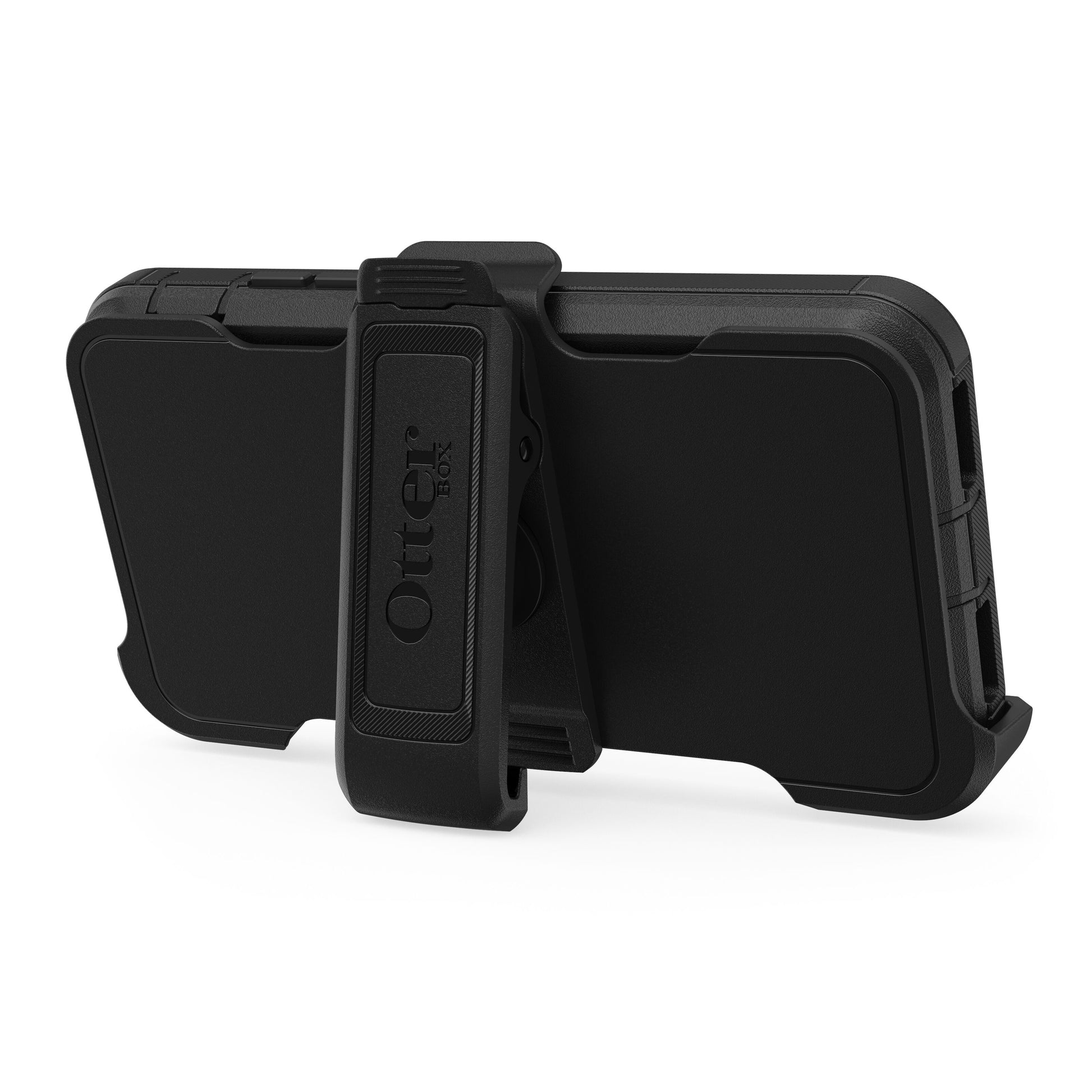 Otterbox Defender mobilcover til iPhone 6/6s/7/8/SE sort med støvbeskyttelse, bælteclip og stander, liggende vinkel.