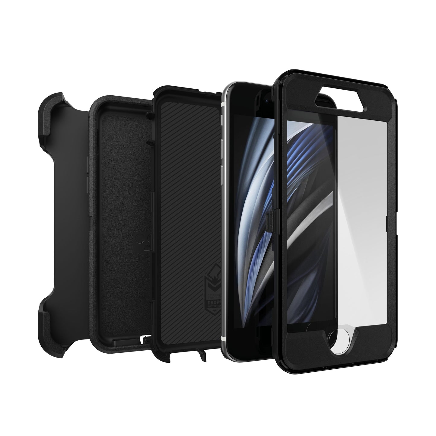 Otterbox Defender cover til iPhone 6/6s/7/8/SE sort, eksploderet med indre/ydre skal, skærmbeskyttere og telefon separeret.