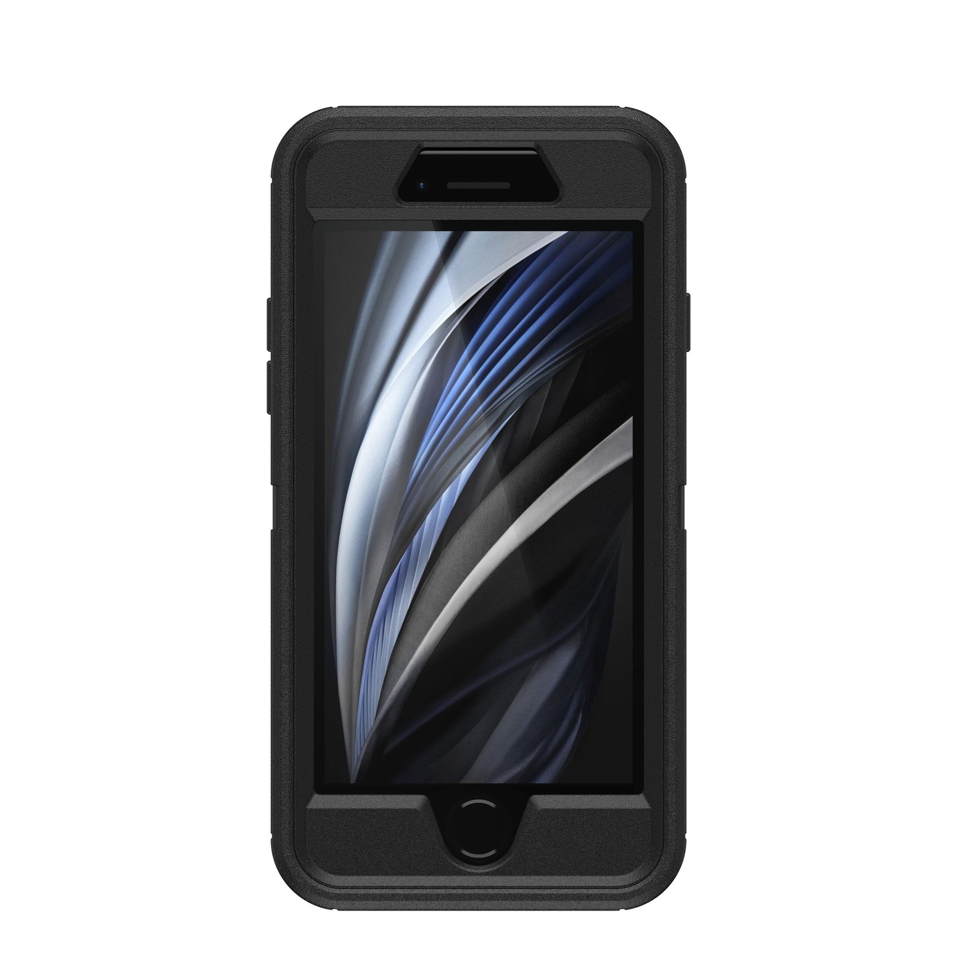 IPhone 6/6s/7/8/SE i sort Otterbox Defender cover med abstrakt sort, hvid og blå baggrund på skærmen.