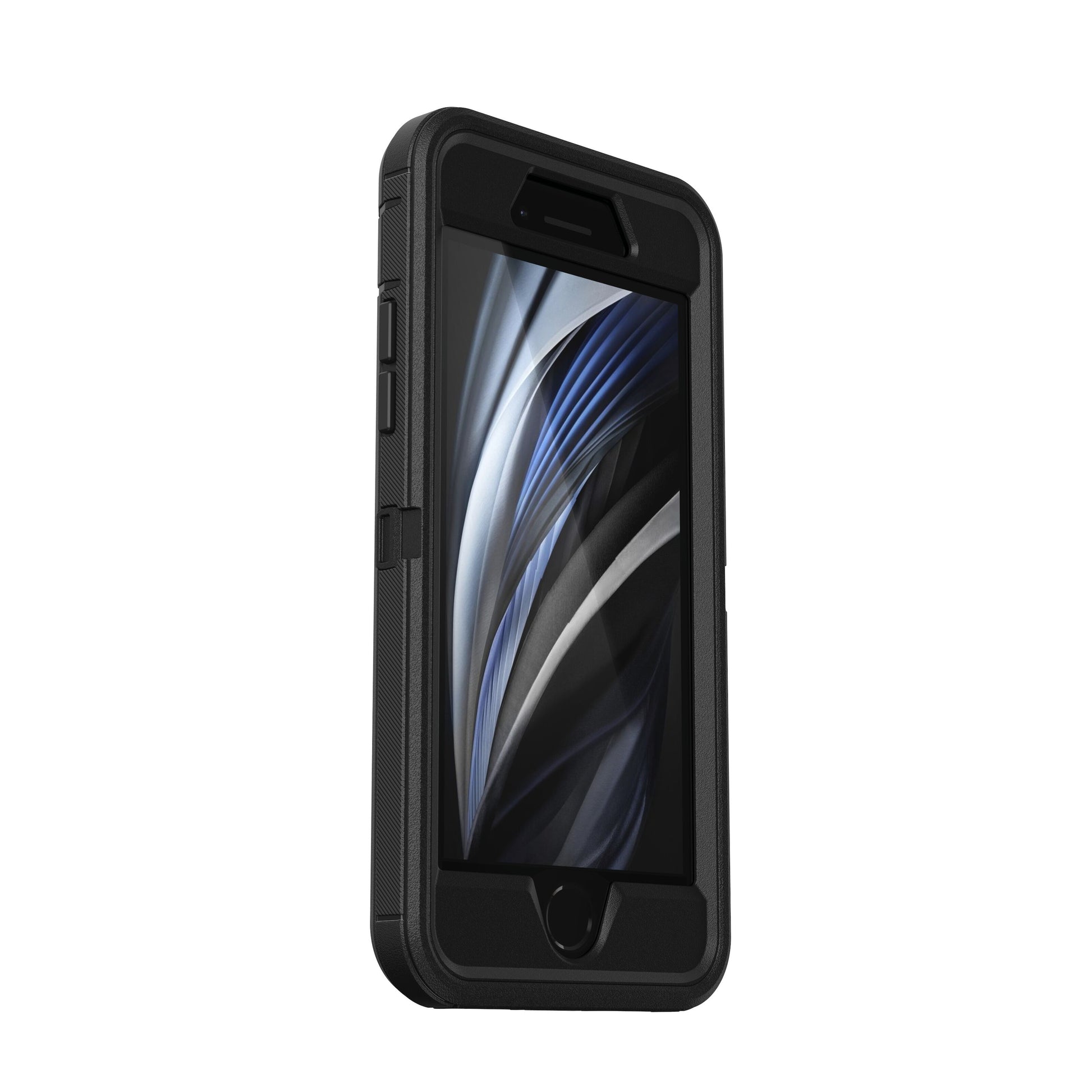 IPhone 6/6s/7/8/SE i sort Otterbox Defender mobilcover med abstrakt baggrund, støv- og ekstra beskyttelse.