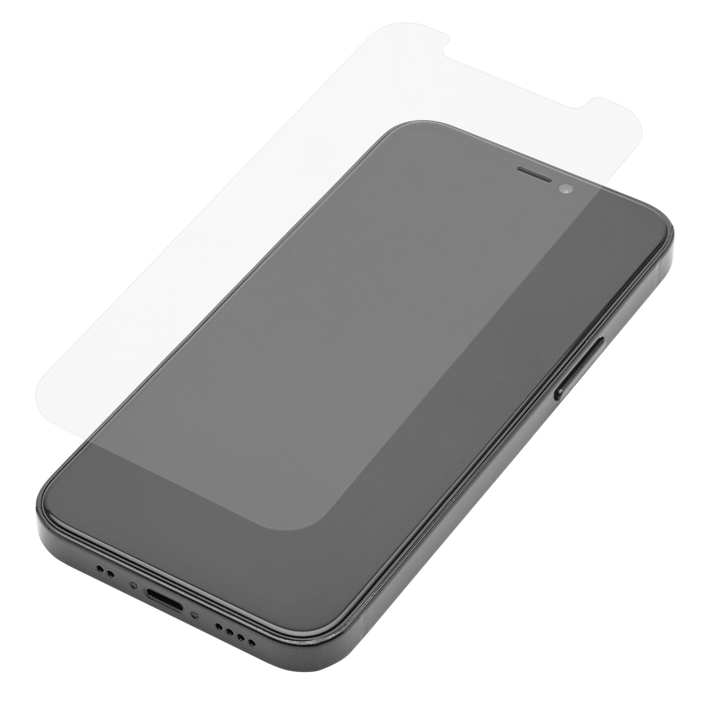 IPhone 12 Mini sort med hærdet glas skærmbeskyttelse over, frontkamera og sideknapper synlige.