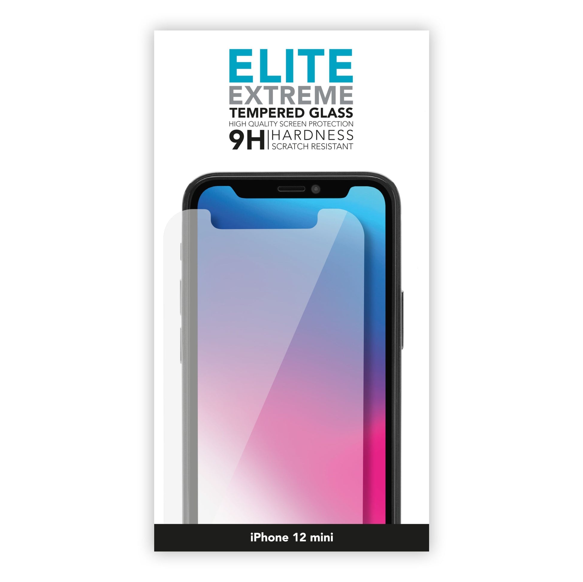 Elite Extreme skærmbeskyttelse til iPhone 12 Mini gennemsigtig, tynd, delvist påsat smartphone med gradient baggrund.