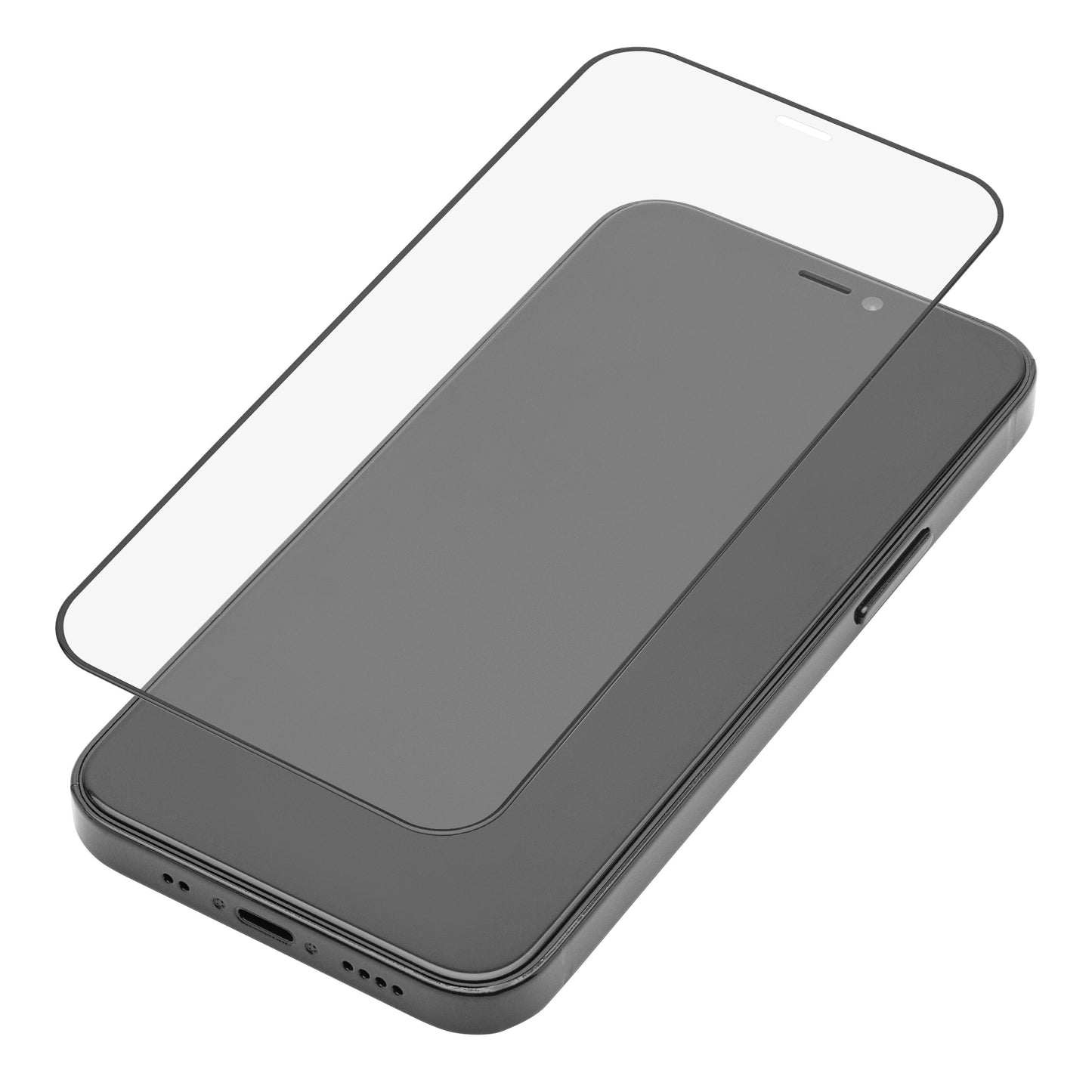 Skærmbeskyttelse i hærdet glas med sorte kanter til iPhone 12 Mini, vist over sort model.