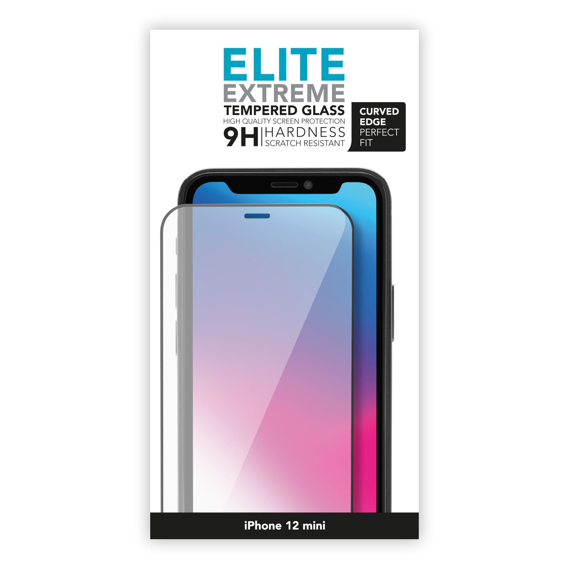 Elite Extreme Curved skærmbeskyttelse til iPhone 12 Mini i emballage med buede kanter, 9H hårdhed og ridsemodstand.