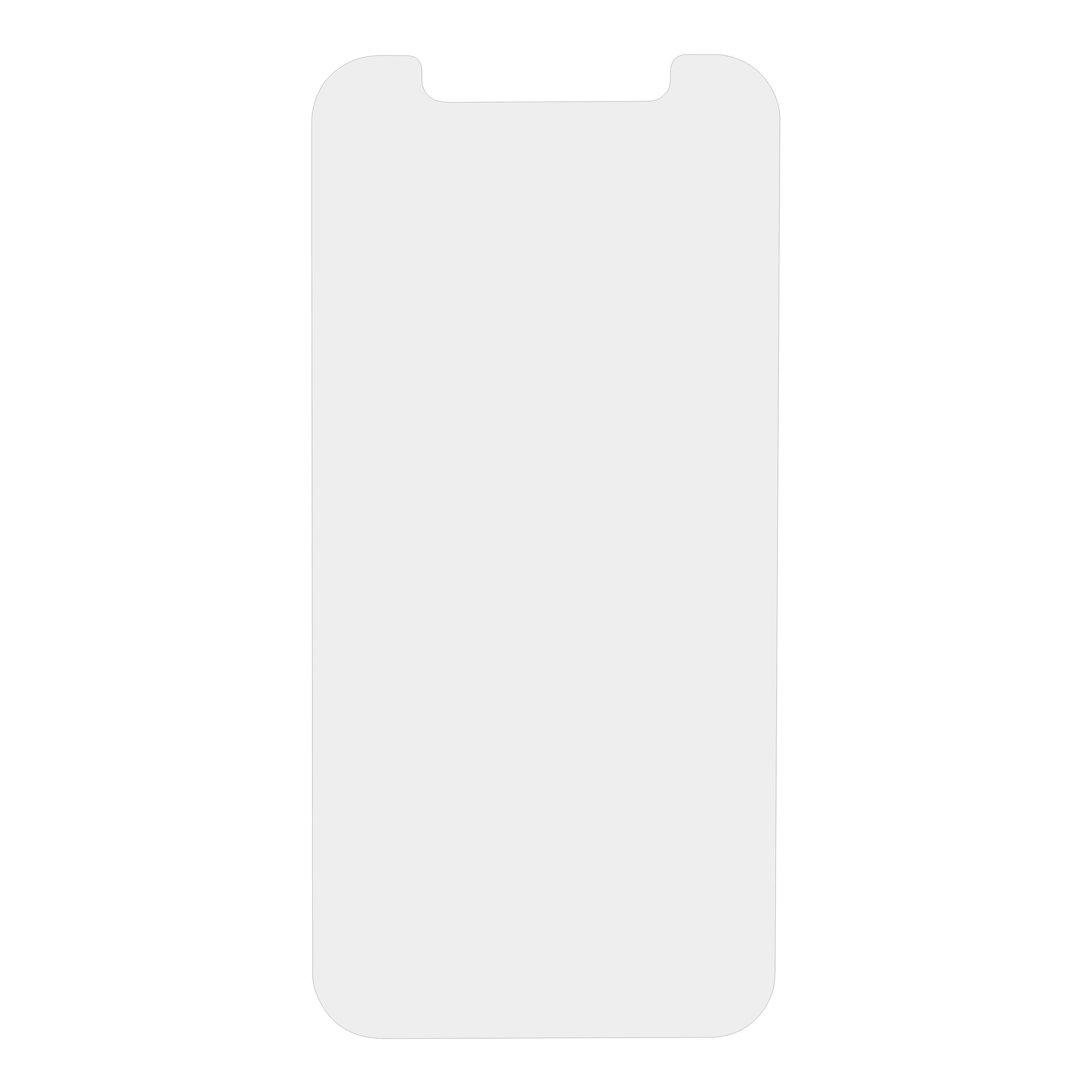 IPhone 12 hvid med afrundede hjørner og topcenter notch, påført Elite Extreme hærdet glas skærmbeskyttelse.