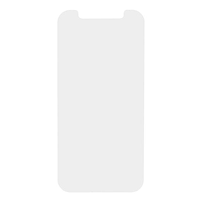 IPhone 12 hvid med afrundede hjørner og topcenter notch, påført Elite Extreme hærdet glas skærmbeskyttelse.